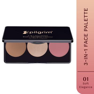 Pilgrim 3-In-1 Face Palette -Soft Elegance-Blush, Highlighter & Contour for Light Skin Tone 12 gm - Blushes