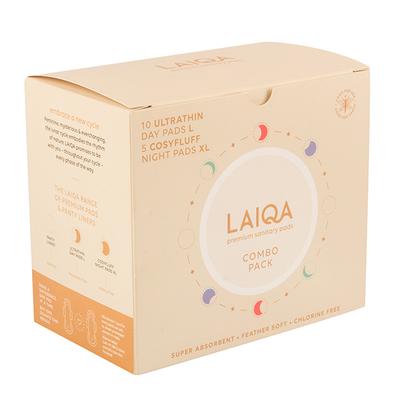 LAIQA Premium Sanitary Pads Combo Pack (10 Ultrathin Day Pads L + 5 Cosyfluff Night Pads XL) - Sanitary Napkins