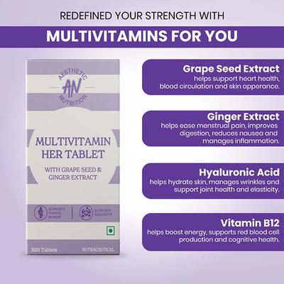 Aesthetic Nutrition Multivitamin Her With Grape Seed, Ginger Extract, Hyaluronic Acid, Vitamin B3, And B12 30 Tablets 1's - Multi-Vitamins