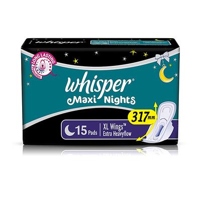 Whisper Maxi Nights Sanitary Pads for Women, XL, Pack of 15 Napkins 166 gm - Sanitary Napkins