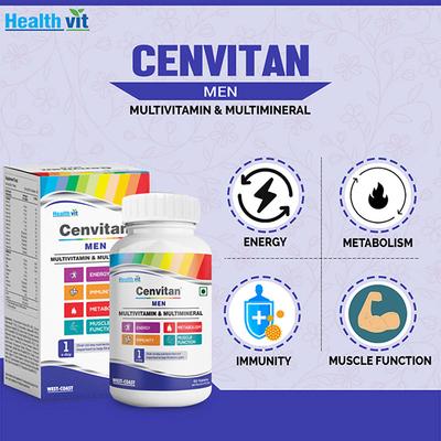 Healthvit Cenvitan Men Multivitamin & Multimineral for Energy, Metabolism, Immunity and Muscle Function - Tablets 60's - Multi-Vitamins