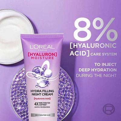 L'Oreal Paris Hyaluron Moisture Hydra Filling Night Cream 4X More Hydration & Softness Leave In/No Weight Down Dehydrated Hair 180 Ml - Hair Creams