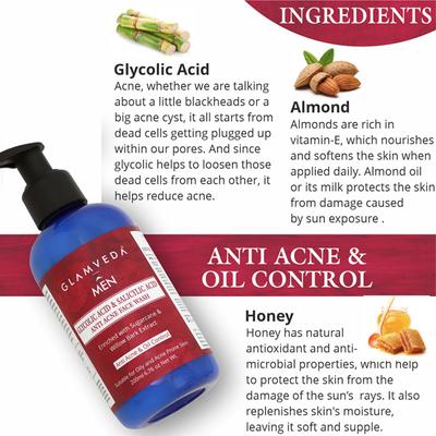 Glamveda Men Glycolic Acid and Salicylic Acid Anti Acne Face Wash 200 ml - Face Washes