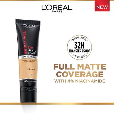 L'Oreal Paris Infallible 32H Matte Cover Liquid Foundation - 140 Neutral Undertone 30 ml - Foundation
