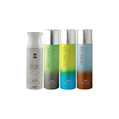 Ajmal 1 Evoke Silver Edition For Him, 1 Nightingale, 1 Distraction And 1 Magnetize Deodorants Pack of 4 200 ml - Deodorants/Roll-Ons