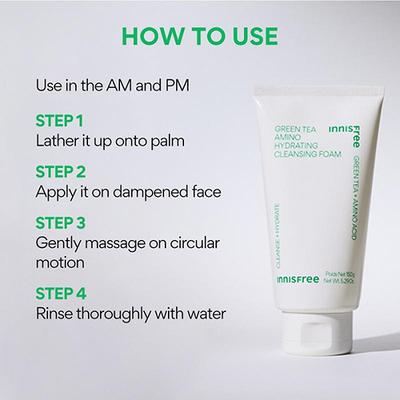 Innisfree Green Tea Amino Acid Foam Cleanser - Hydrating, Soft & Rich Cleanser for Daily Use 80 gm - Face Wash & Cleansers