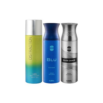 Ajmal 1 Distraction, 1 Blu Homme And 1 Silver Shade Deodorants Pack of 3 200 ml - Deodorants/Roll-Ons