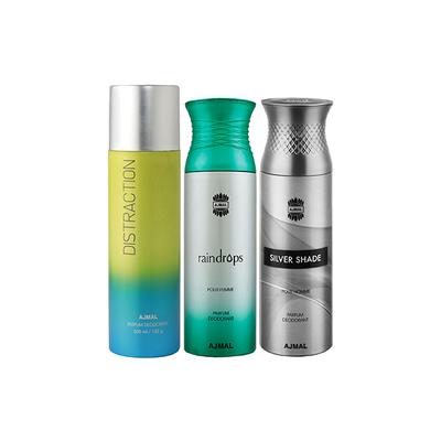 Ajmal 1 Distraction , 1 Raindrops Femme And 1 Silver Shade Deodorants Pack of 3 200 ml - Deodorants/Roll-Ons