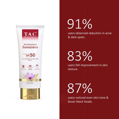 T.A.C - The Ayurveda Co. Kumkumadi Sunscreen with SPF 50 UVA+UVB Protection For Radiant & Youthful Skin 50 gm - Face Sunscreen