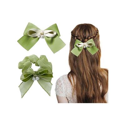 Majestique Satin Silk Layered Hair Bow Embellished Clip And Hair Scrunchies Combo For Women Girls - Green 2's - Hair Clips/Bands