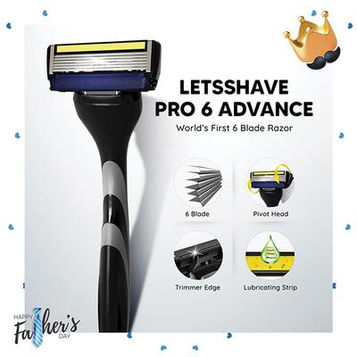 Letsshave Pro 6 Premium Gift Set 6 Blade Razor with Cartridges, Travel Cap, Shave Foam, After Shave Balm and Travel Bag Complete Shaving Kit for Men 1's - Razors & Cartridges