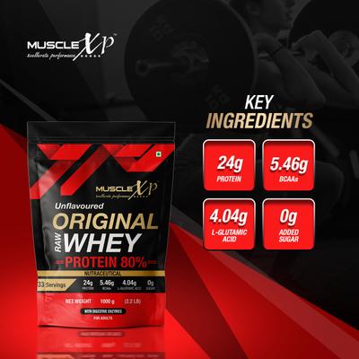 MuscleXP Raw Whey Protein Concentrate 80% Powder - Unflavored 1 kg - Whey Proteins