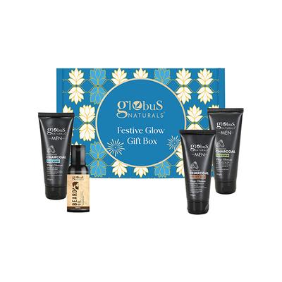 Globus Naturals Glow and Groom Charcoal Box, Box Includes - Charcoal Men Face Wash 100gm, Face Scrub 100gm, Peel Off Mask 100gm, Beard Oil 50ml 1's - Creams, Lotions & Oils