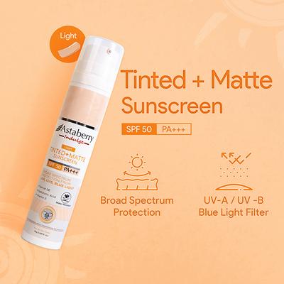 Astaberry Indulge Tinted Matte Sunscreen SPF 50 PA+++ For Broad Spectrum, Blue Light Protection (Light) 50 gm - Face Sunscreen