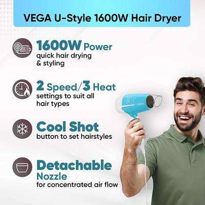 Vega U Style 1600W Foldable Hair Dryer for Women & Men with 2 Speed 3 Heat Settings, (VHDH-32) 380 g - Hair Dryers