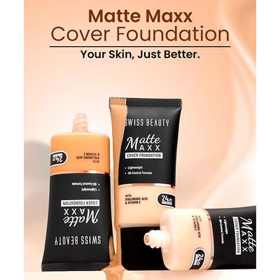 Swiss Beauty Matte Maxx Cover Foundation, 24- Hour Stay, with Hyaluronic Acid & Vitamin E, Oil-Control Formula 2- Ivory Cool 30 gm - Foundation