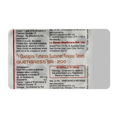 Quetigress SR 200mg Tablet 10'S - Schizophrenia-Aps