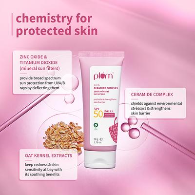 Plum Oat & Ceramide Complex 100% Mineral SPF 50 PA+++ Sunscreen For Sensitive Skin Non-Oily 50 g - Body Sunscreen