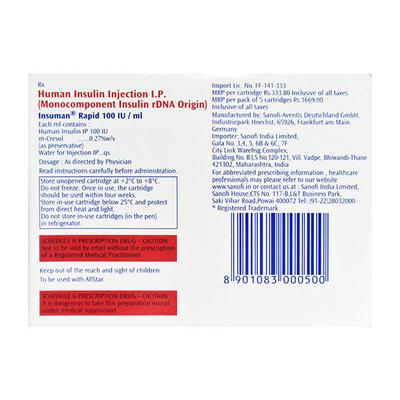 INSUMAN RAPID 100iu Cartridge 5X3ml - Diabetes-Ins
