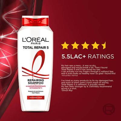 L'Oreal Paris Total Repair 5 Repairing Shampoo 4 Percent Repair Concentrate with Keratin Damaged Hair 340ml - Shampoos