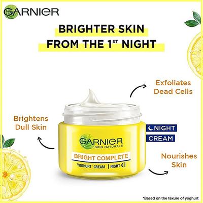 Garnier Skin Naturals Bright Complete Vitamin-C Yoghurt Night Cream, Vitamin-C+Lemon Essence 40gm - Night Cream