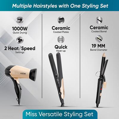 Vega Miss Versatile Styling Set Hair Straightener, Dryer and Curler (VHSS-03) 1's - Multi-Stylers