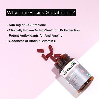 Truebasics Glutathione with Nutroxsun, Biotin and Vitamin E, for Healthy And Youthful Skin, Clinically Researched Ingredients, 30 Glutathione Tablets 1's - Hair & Skin