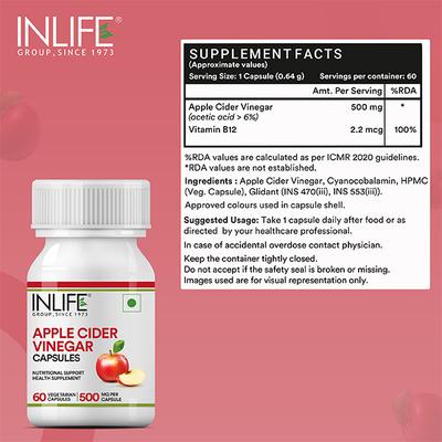 Inlife Apple Cider Vinegar 500 mg Vegetarian Capsule 60's - Apple Cider Vinegar - Acv