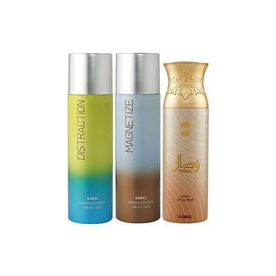 Ajmal Distraction And Magnetize For Men & Women And Wisal Deodorants Pack of 3 200 ml - Deodorants/Roll-Ons