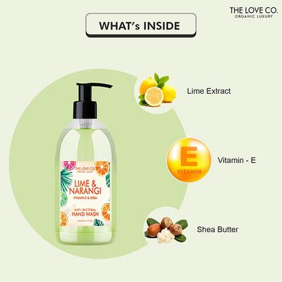 The Love Co. Lime & Narangi Hand Wash For Moisturized Hand - Gentle Cleanser for Soft Hands - Liquid Hand Soap Suitable for Sensitive Skin 300 ml - Hand Wash & Soaps