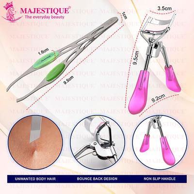 Majestique Eyelash Curler with Slant Tip Tweezer Suitable for All Eye Shapes - Multicolor 2's - Tweezers
