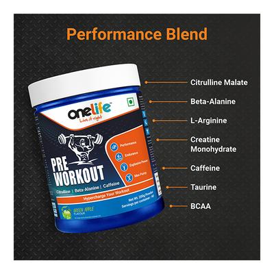 Onelife Pre Workout Powder - Green Apple Flavour 200 gm - Workout Essentials