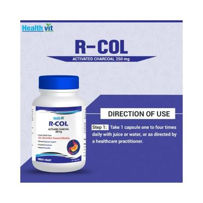 Healthvit R-COL Activated Charcoal 250mg - Capsules 60's - Herbal Dietary Supplement