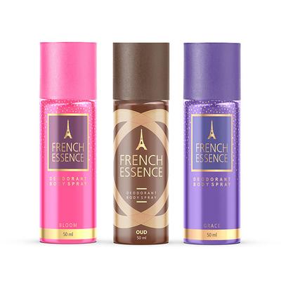 French Essence Deodorant Body Spray - Bloom 50 ml + Oud 50 ml + Grace 50 ml - Perfumes (Edt/Edp)