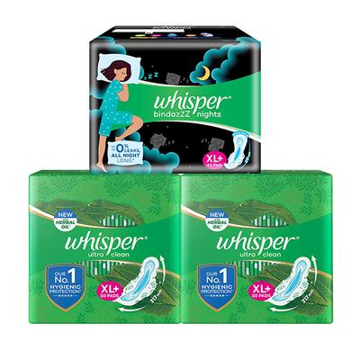 Whisper Combo of Ultra Clean and Bindazz Nights XL+ for Women Sanitary Pad 144's - Sanitary Napkins