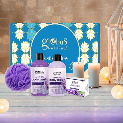 Globus Naturals Lavender Haven Essentials Bath and Body Gift Hamper, Box Includes - Lavender Body Wash 200ml, Lavender Lotion 200ml, Lavender Soap 100gm, Loofah 1's - Creams, Lotions & Oils