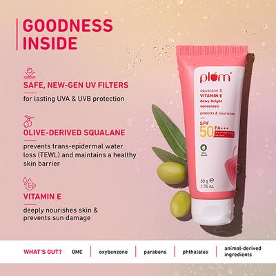 Plum Squalane and Vitamin E Dewy-Bright Sunscreen SPF 50, No White Cast, Non-Sticky, All Skin Type 50 gm - Body Sunscreen