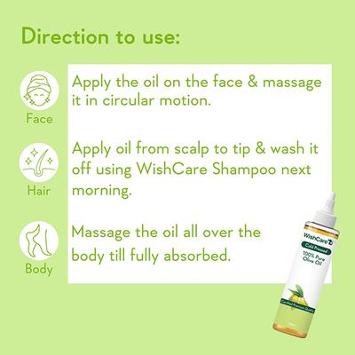WishCare 100% Pure Cold Pressed Olive Oil for Dry & Frizzy Hair and Glowing Skin (200ml) - Hair Oils