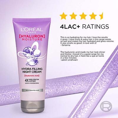 L'Oreal Paris Hyaluron Moisture Hydra Filling Night Cream 4X More Hydration & Softness Leave In/No Weight Down Dehydrated Hair 180 Ml - Hair Creams