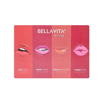 Bellavita Mini Kiss Proof Liquid Lipsticks Just Nude + Berry Nude + Mocha Madness + Cherry Pop - 2ml 4's - Liquid Lipsticks