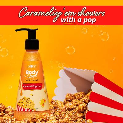 Plum BodyLovin' Caramel Popcorn & Chill Gift Kit Body Wash Hand Cream Scented Candle Gift Set 350 gm - Shower Gels & Body Wash