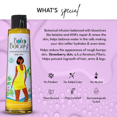 Boho Botanist Body Toner - Willow Bark Licorice AHA BHA, Prevents Strawberry Skin Ingrown Hair 200 ml - Scrubs & Exfoliants