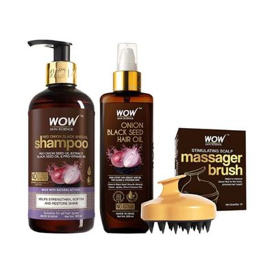 WOW Skin Science Onion Hair Oil With Black Seed Oil Extracts + Onion Oil Shampoo + Stimulating Scalp Shampoo Brush Hair Care Kit 500 ml - Shampoos