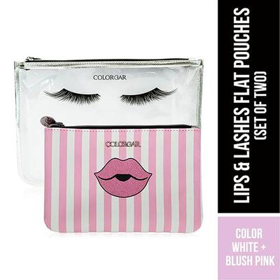 Colorbar Lips & Lashes Flat Pouches(Set Of Two) - White+Blush Pink 1's - Makeup Bags & Cases