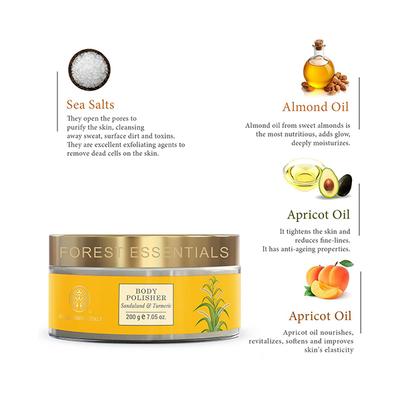 Forest Essentials Body Polisher Sandalwood and Turmeric Mild Ayurvedic Exfoliating Scrub 200 gm - Scrubs & Exfoliants