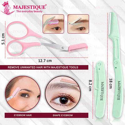 Majestique Eyebrow Trimmer Scissors with Folding Facial Razors - Multicolor 3's - Face & Eyebrow Razors