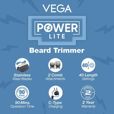 Vega Power Lite Beard Trimmer For Men With 90 Min Runtime, 2 Comb Attachments, Usb Type-C, (Vhth-38) - Trimmers