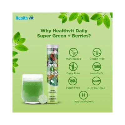 Healthvit Daily Super Green + Berries, Wholefood Multivitamin , Detox and Antioxidants - Effervescent Tablets 10's - Multi-Vitamins