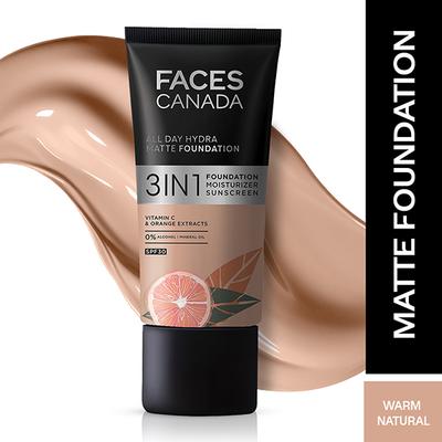Faces Canada All Day Hydra Matte Foundation 3-In-1 Foundation + Moisturizer + SPF 30 24 Hr Aloe Hydration & Vitamin C 10Hr Long Wear Warm Natural 021 25ml - Foundation