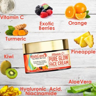 WishCare Vitamin C Purelow Face Cream for Women & Men - With Hyaluronic Acid Niacinamide Oranges Berries & Turmeric 50 gm - Day Cream